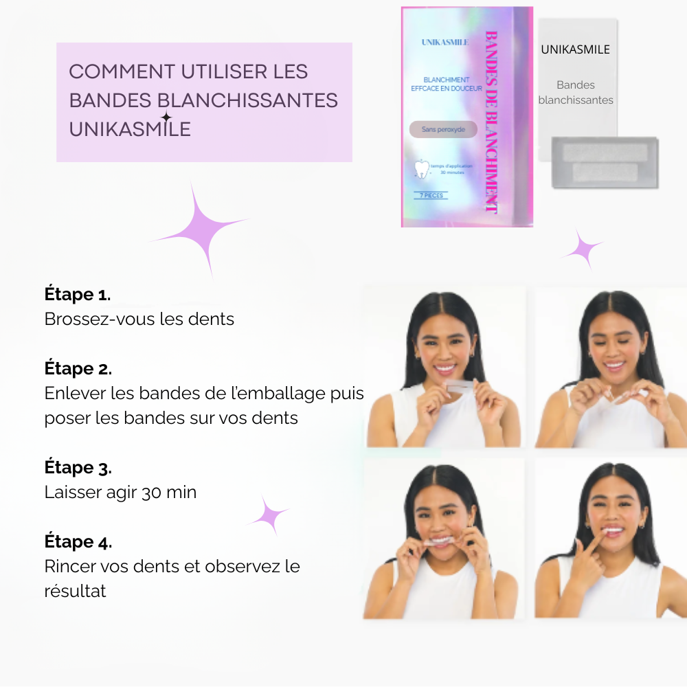 UNIKASMILE  BANDES BLANCHISSANTES SANS PEROXYDE, éclat instantané - des dents blanches en un instant
